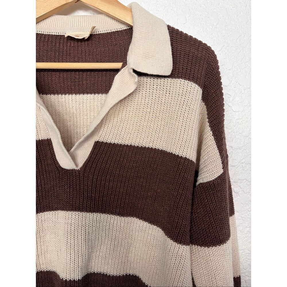 Faherty Miramar Linen Polo Sweater in Cocoa Rugby Stripe Cream, Brown Size L - Picture 7 of 12